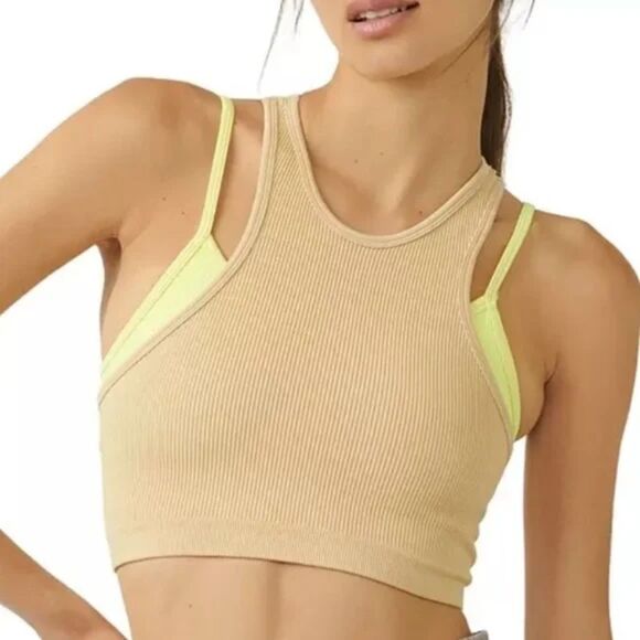 NWT Free People Movement Latte & Lemon Free Throw Double Layer Crop Tank XS/S - Picture 1 of 4